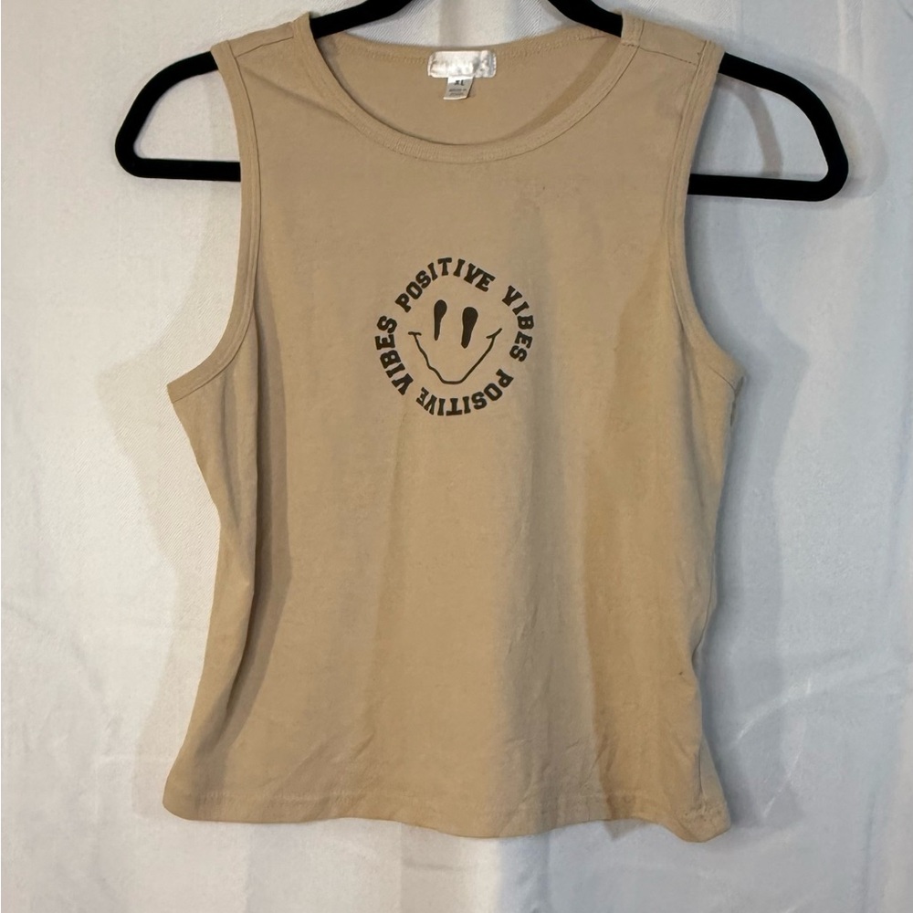 Tan Sleeveless Tank with Positive Vibes Graphic